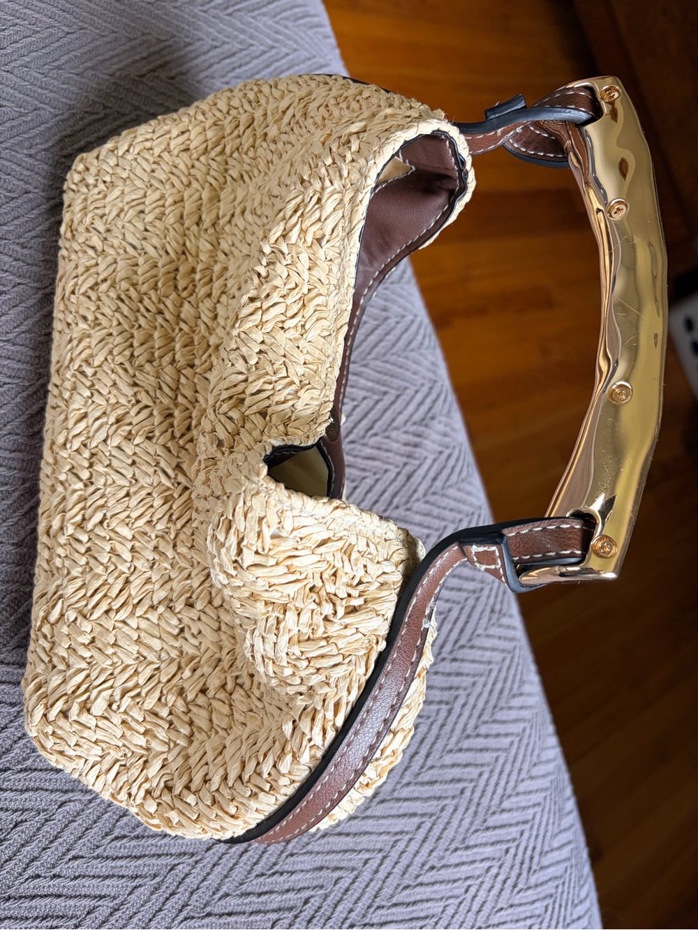 Woven Straw Hobo Bag with Gold Accent Handle - Beige